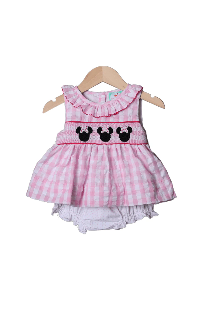 Smocked Mouse Pink Gingham Seersucker Bloomer Set