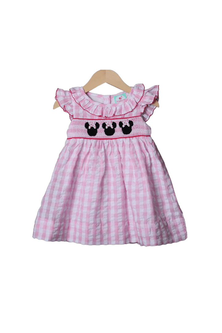 Smocked Mouse Pink Gingham Seersucker Dress