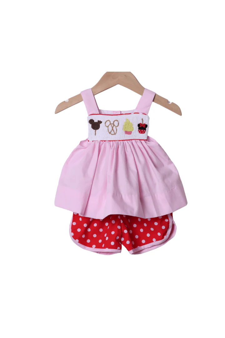 Smocked Mouse Pink/Red Dot Park Snacks Short Set