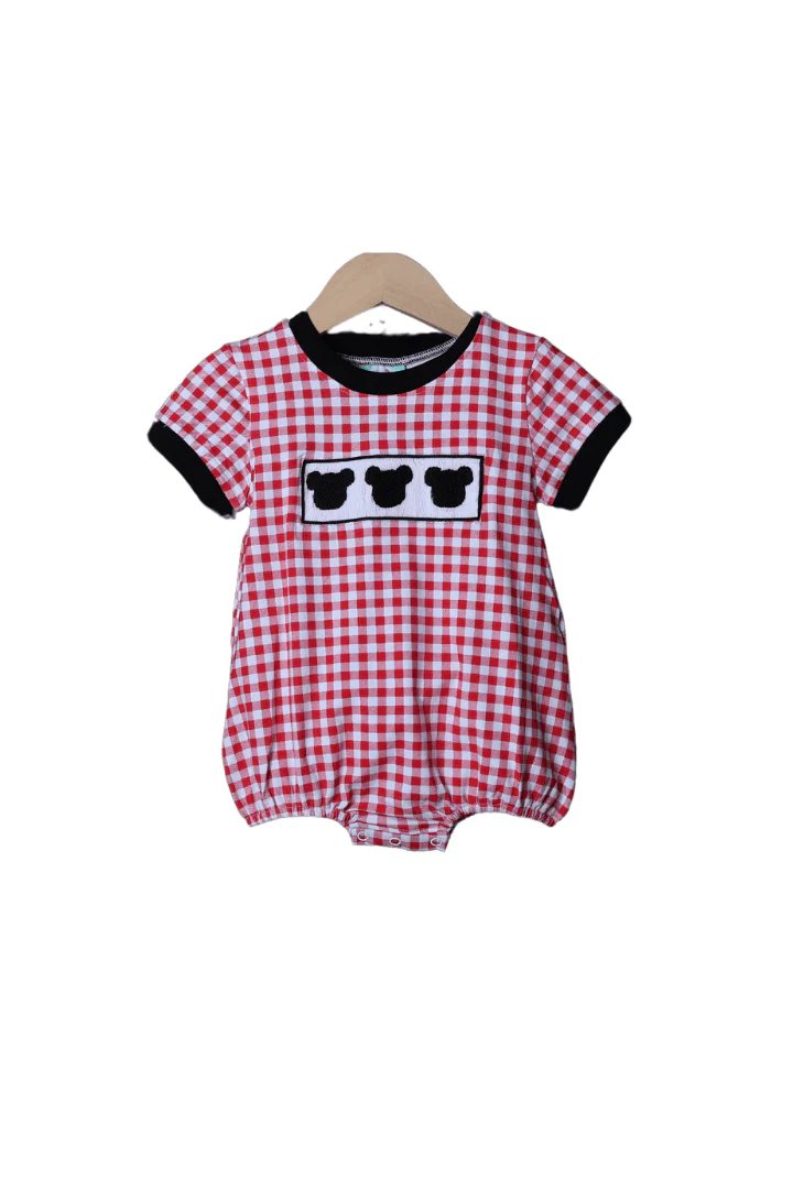 Smocked Mouse Red/Black Gingham Knit Bubble