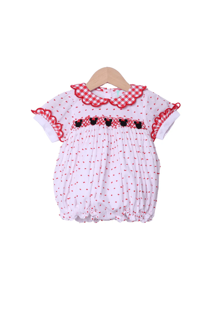 Smocked Mouse Red Gingham Swiss Dot Bubble