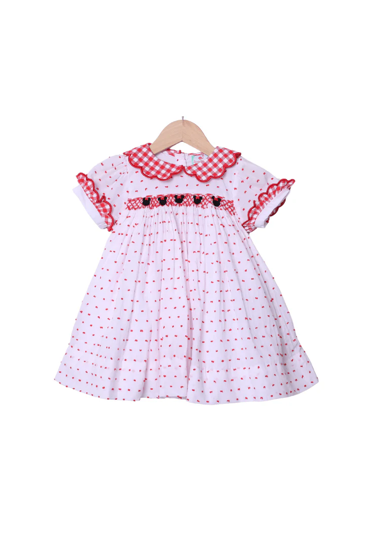 Smocked Mouse Red Gingham Swiss Dot Dress