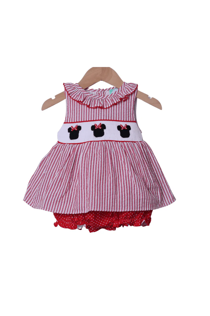 Smocked Mouse Red Seersucker Bubble