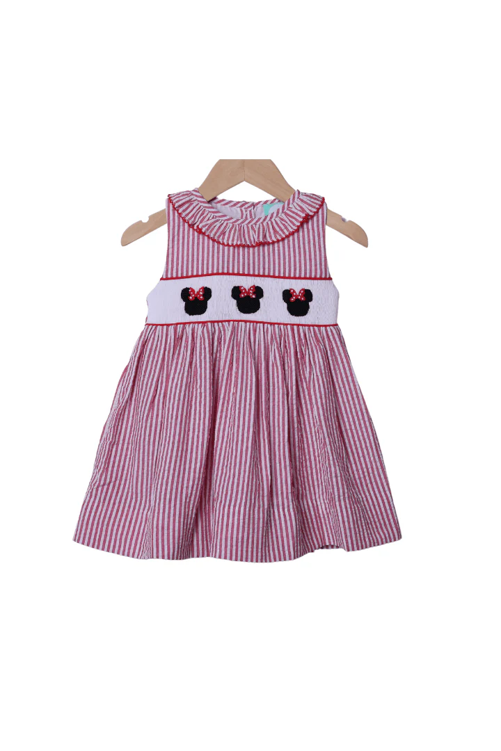 Smocked Mouse Red Seersucker Dress