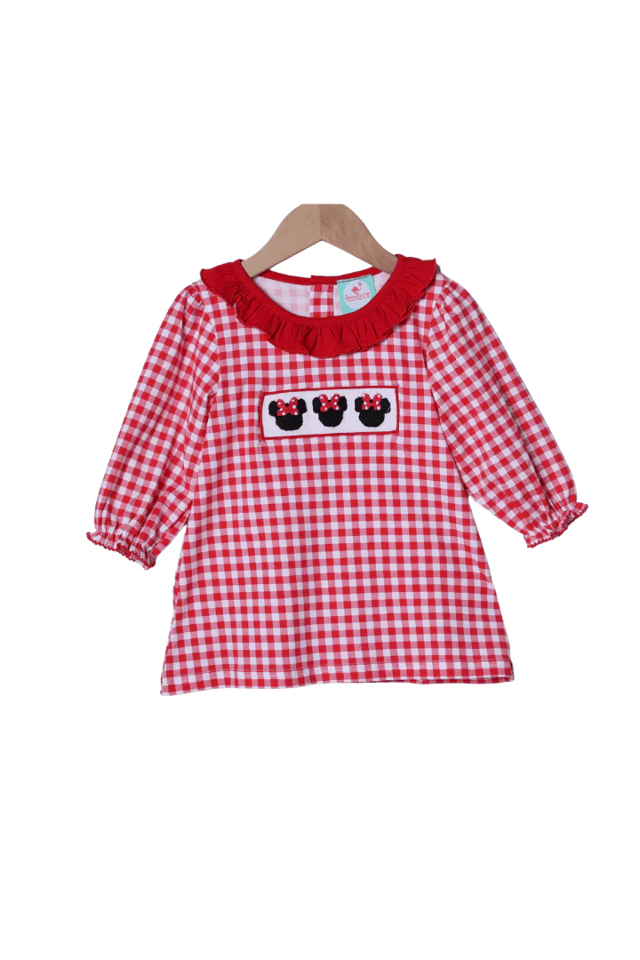 Smocked Red Gingham Mouse Ruffle Long Sleeve Dress