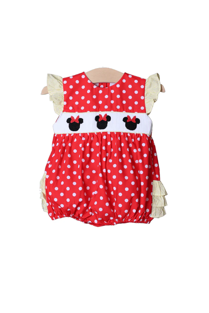 Smocked Polka Dot Mouse Red Ruffle Bubble