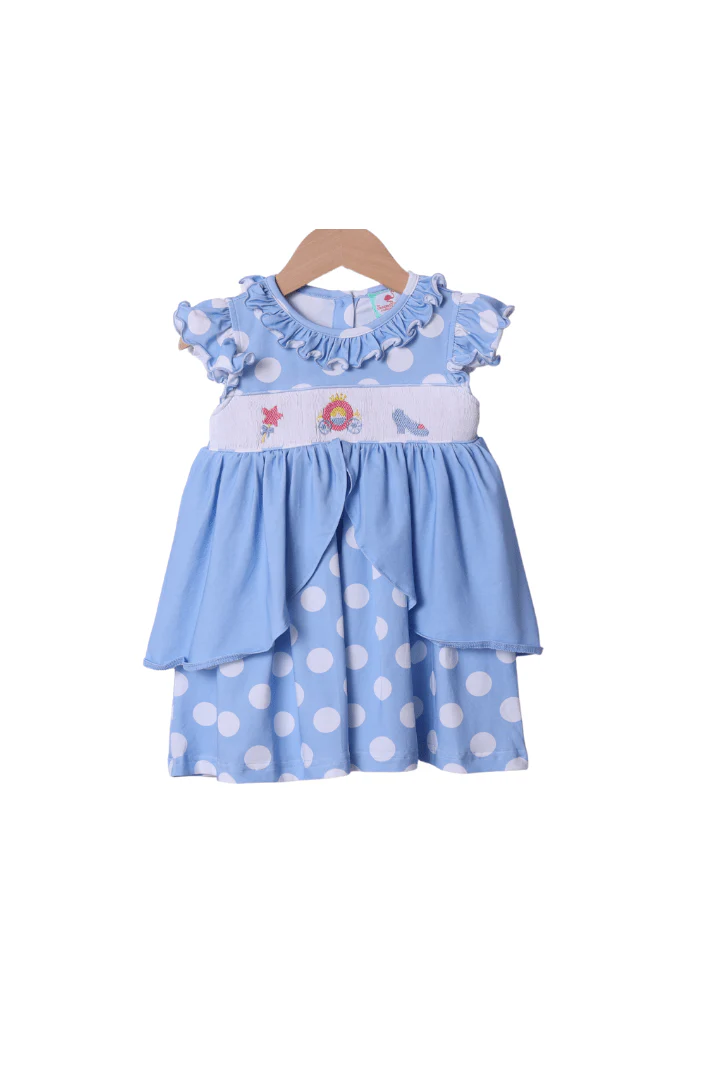 Smocked Princess Carriage Blue Polka Dot Dress