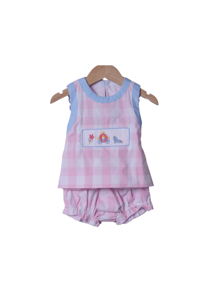 Smocked Princess Carriage Pink Gingham Bloomer Set