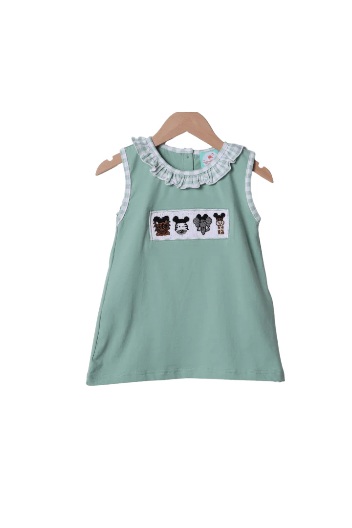 Smocked Sage Safari Animals Mouse Dress