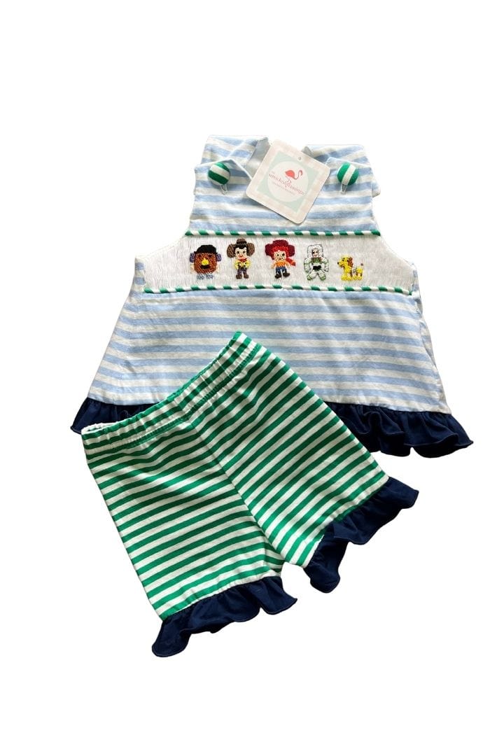 Blue Stripe Friend Hand Smocked Ruffle Set